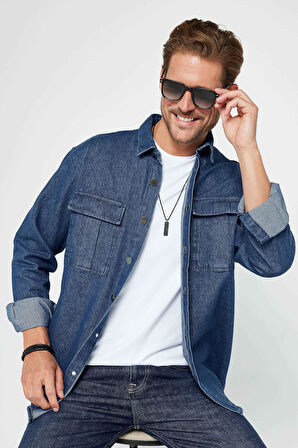 Unisex Relax Fit Rahat Kesim Denim Kot Çift Cepli İndigo Overshirt Ceket Tarzı Gömlek