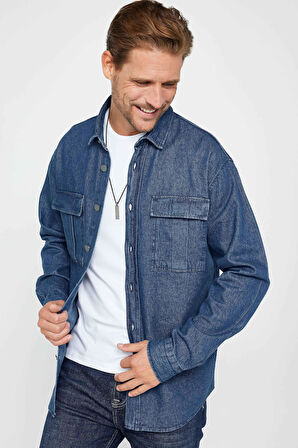 Unisex Relax Fit Rahat Kesim Denim Kot Çift Cepli İndigo Overshirt Ceket Tarzı Gömlek