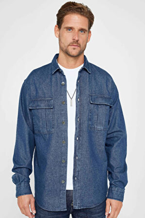 Unisex Relax Fit Rahat Kesim Denim Kot Çift Cepli İndigo Overshirt Ceket Tarzı Gömlek
