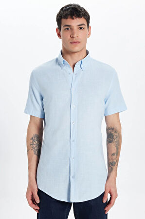 Erkek Slim Fit Dar Kesim Kısa Kollu %100 Pamuk Keten Doku Mavi Düğmeli Yaka Gömlek