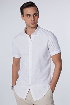 Erkek Slim Fit Dar Kesim Kısa Kollu %100 Pamuk Keten Doku Beyaz Düğmeli Yaka Gömlek