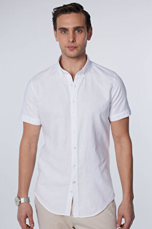 Erkek Slim Fit Dar Kesim Kısa Kollu %100 Pamuk Keten Doku Beyaz Düğmeli Yaka Gömlek