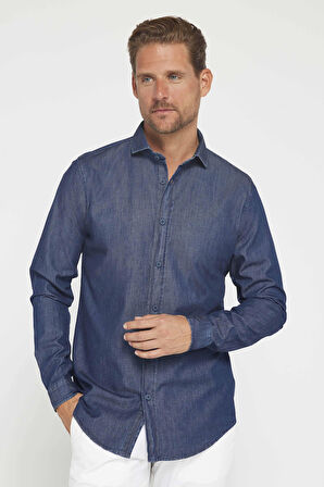 Erkek Slim Fit Dar Kesim Uzun Kollu %100 Pamuk Denim Kot Lacivert Gömlek