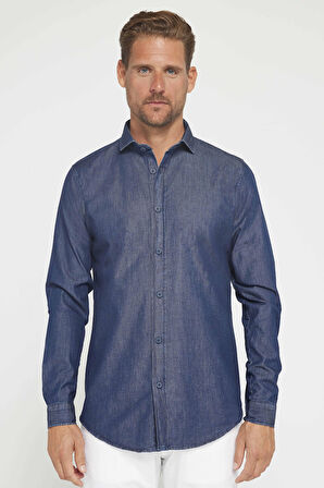 Erkek Slim Fit Dar Kesim Uzun Kollu %100 Pamuk Denim Kot Lacivert Gömlek