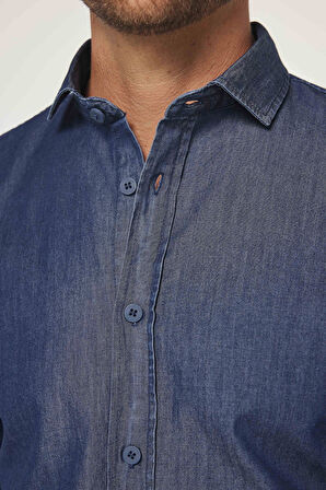 Erkek Slim Fit Dar Kesim Uzun Kollu %100 Pamuk Denim Kot Lacivert Gömlek