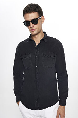 Erkek Slim Fit Dar Kesim Uzun Kollu Denim Kot Çift Cep Çıtçıtlı Siyah Gömlek