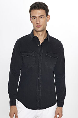 Erkek Slim Fit Dar Kesim Uzun Kollu Denim Kot Çift Cep Çıtçıtlı Siyah Gömlek
