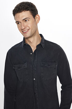 Erkek Slim Fit Dar Kesim Uzun Kollu Denim Kot Çift Cep Çıtçıtlı Siyah Gömlek