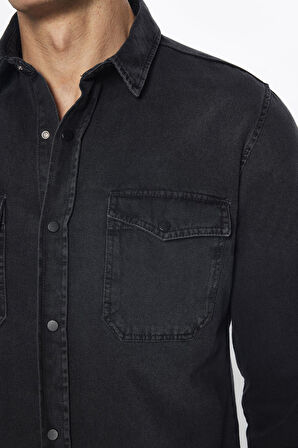 Erkek Slim Fit Dar Kesim Uzun Kollu Denim Kot Çift Cep Çıtçıtlı Siyah Gömlek