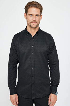 Erkek Slim Fit Dar Kesim Uzun Kollu Pamuklu Oxford Doku Kolay Ütü Siyah Düğmeli Yaka Gömlek