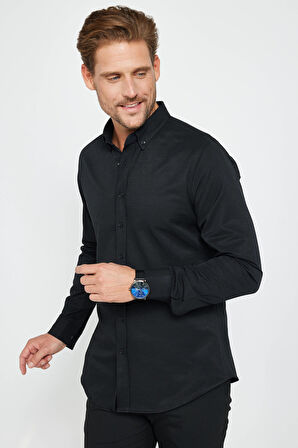 Erkek Slim Fit Dar Kesim Uzun Kollu Pamuklu Oxford Doku Kolay Ütü Siyah Düğmeli Yaka Gömlek