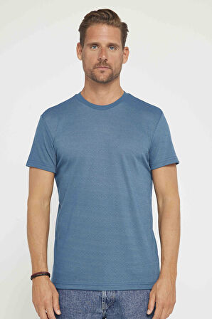 Erkek Slim Fit Dar Kesim Esnek Kumaş Örme Bisiklet Yaka İndigo Tişört
