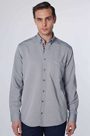 Erkek Regular Fit Klasik Kesim Pamuklu Oxford Doku Tek Cepli Gri Düğmeli Yaka Gömlek