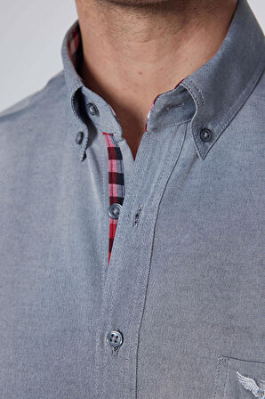 Erkek Regular Fit Klasik Kesim Pamuklu Oxford Doku Tek Cepli Gri Düğmeli Yaka Gömlek