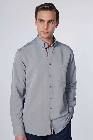 Erkek Regular Fit Klasik Kesim Pamuklu Oxford Doku Tek Cepli Gri Düğmeli Yaka Gömlek