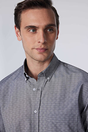 Erkek Regular Fit Klasik Kesim Düğmeli Yaka Küçük Kareli Pamuklu Gömlek