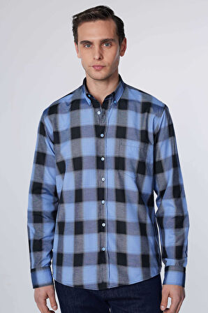 Erkek Regular Fit Klasik Kesim Düğmeli Yaka Küçük Kareli Pamuklu Gömlek