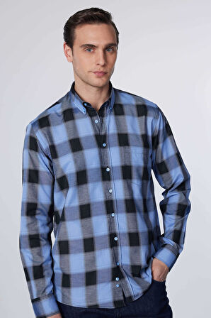 Erkek Regular Fit Klasik Kesim Düğmeli Yaka Küçük Kareli Pamuklu Gömlek