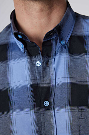 Erkek Regular Fit Klasik Kesim Düğmeli Yaka Küçük Kareli Pamuklu Gömlek