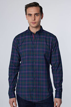 Erkek Slim Fit Dar Kesim Uzun Kollu Pamuklu Kolay Ütü Kareli Düğmeli Yaka Gömlek