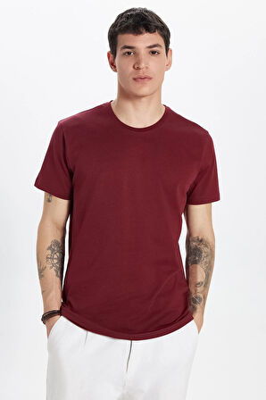 Unisex Slim Fit Dar Kesim %100 Pamuk Yumuşak Dokulu Bordo Bisiklet Yaka Tişört
