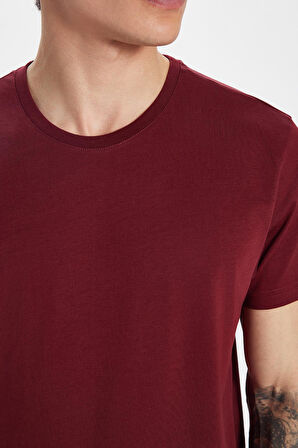 Unisex Slim Fit Dar Kesim %100 Pamuk Yumuşak Dokulu Bordo Bisiklet Yaka Tişört