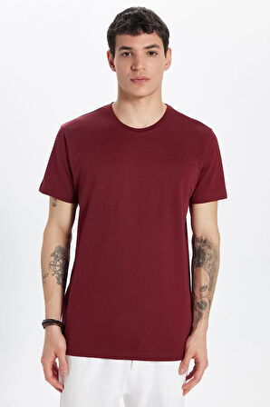 Unisex Slim Fit Dar Kesim %100 Pamuk Yumuşak Dokulu Bordo Bisiklet Yaka Tişört