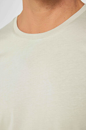 Unisex Slim Fit Dar Kesim %100 Pamuk Yumuşak Dokulu Taş Renk Bisiklet Yaka Tişört