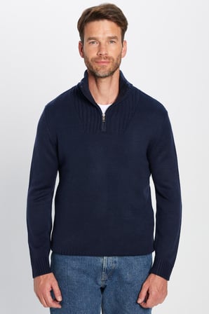 Erkek Slim Fit Dar Kesim Armürlü Fermuarlı Lacivert Dik Yaka Kazak