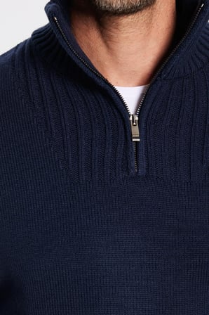 Erkek Slim Fit Dar Kesim Armürlü Fermuarlı Lacivert Dik Yaka Kazak