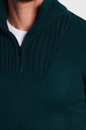 Erkek Slim Fit Dar Kesim Armürlü Fermuarlı Yeşil Dik Yaka Kazak