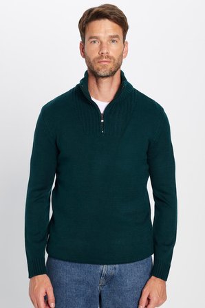 Erkek Slim Fit Dar Kesim Armürlü Fermuarlı Yeşil Dik Yaka Kazak