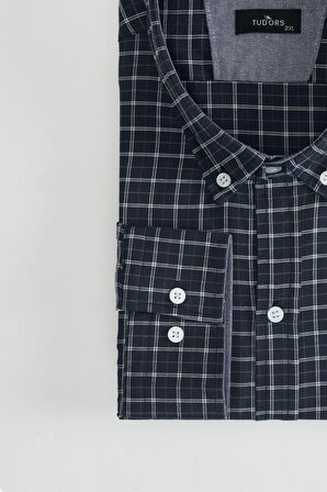 Erkek Big Size Büyük Beden Düğmeli Yaka Küçük Kareli Pamuklu Gömlek