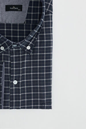 Erkek Big Size Büyük Beden Düğmeli Yaka Küçük Kareli Pamuklu Gömlek