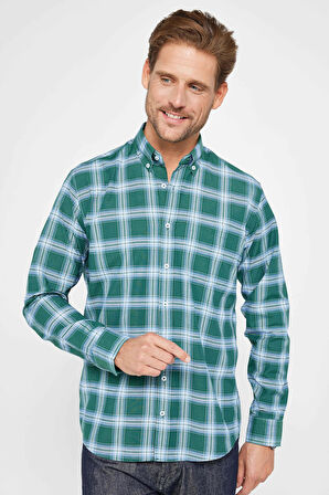 Erkek Regular Fit Klasik Kesim Düğmeli Yaka Küçük Kareli Pamuklu Gömlek