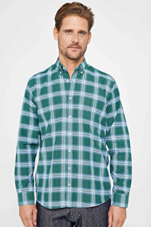 Erkek Regular Fit Klasik Kesim Düğmeli Yaka Küçük Kareli Pamuklu Gömlek