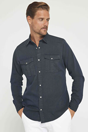 Erkek Slim Fit Uzun Kollu Spor Yaka Yıkamalı Çift Cepli Armürlü Denim Kot Antrasit Gömlek