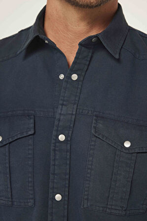 Erkek Slim Fit Uzun Kollu Spor Yaka Yıkamalı Çift Cepli Armürlü Denim Kot Antrasit Gömlek