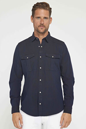 Erkek Slim Fit Uzun Kollu Spor Yaka Yıkamalı Çift Cepli Armürlü Denim Kot Lacivert Gömlek