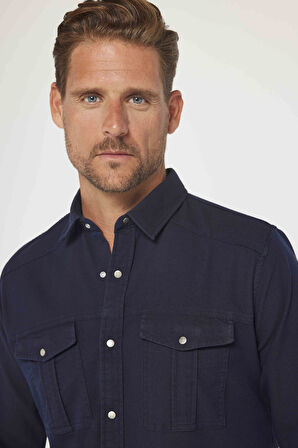 Erkek Slim Fit Uzun Kollu Spor Yaka Yıkamalı Çift Cepli Armürlü Denim Kot Lacivert Gömlek