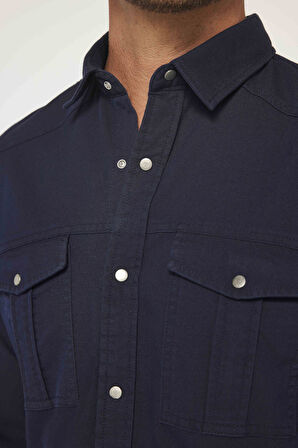 Erkek Slim Fit Uzun Kollu Spor Yaka Yıkamalı Çift Cepli Armürlü Denim Kot Lacivert Gömlek