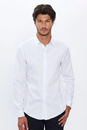 Erkek Slim Fit Dar Kesim Uzun Kollu %100 Pamuk Premium Seri Beyaz Gömlek