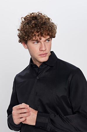 Erkek Slim Fit Dar Kesim Pamuklu Düz Siyah Gömlek
