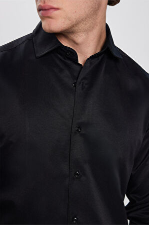 Erkek Slim Fit Dar Kesim Pamuklu Düz Siyah Gömlek