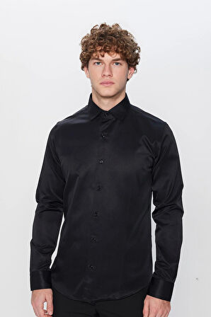 Erkek Slim Fit Dar Kesim Pamuklu Düz Siyah Gömlek