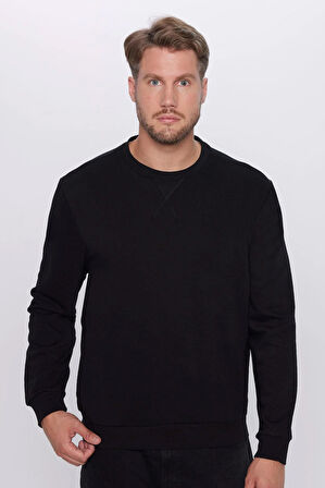 Unisex Oversize Geniş Kesim Pamuklu Basic Siyah Bisiklet Yaka Sweatshirt