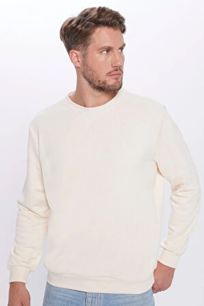 Unisex Oversize Geniş Kesim Pamuklu Basic Bej Bisiklet Yaka Sweatshirt