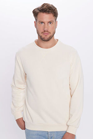 Unisex Oversize Geniş Kesim Pamuklu Basic Bej Bisiklet Yaka Sweatshirt