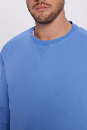 Unisex Oversize Geniş Kesim Pamuklu Basic İndigo Renk Bisiklet Yaka Sweatshirt