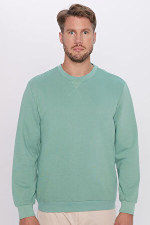 Unisex Oversize Geniş Kesim Pamuklu Basic Yeşil Bisiklet Yaka Sweatshirt